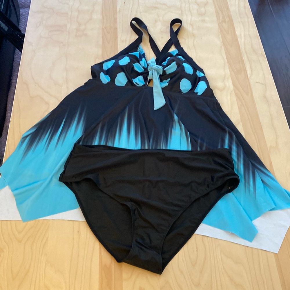 Tankini Swim Dress with bikini bottoms.